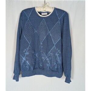 Alfred Dunner Sweatshirt M Womens Blue Rhinestone Embroidered Grandmacore Granny